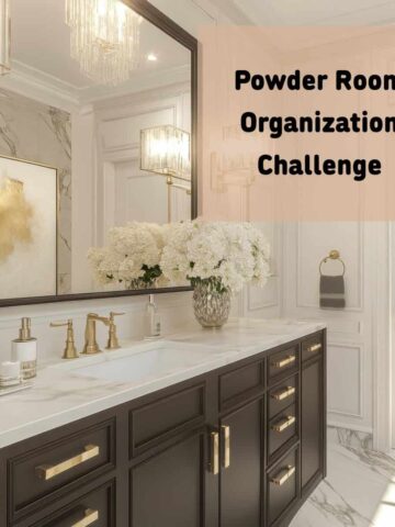 Bathroom sink with drawers and a title of the post at the top right corner - square image