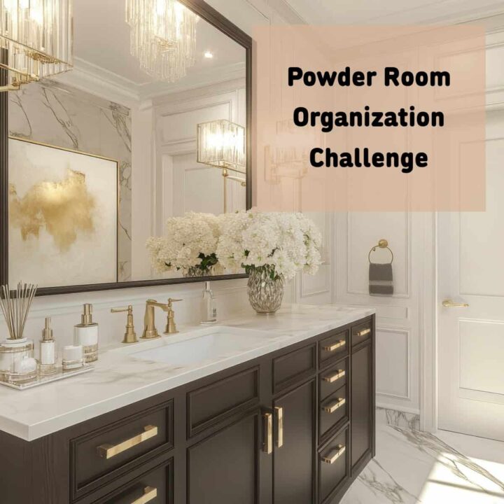 Bathroom sink with drawers and a title of the post at the top right corner - square image