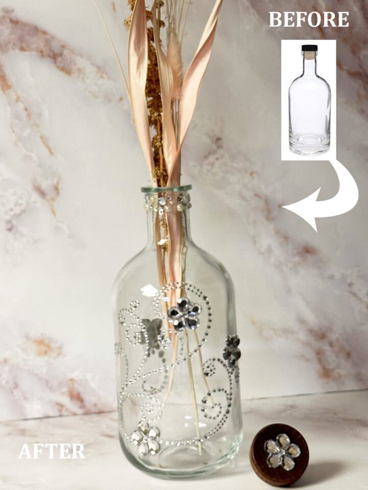 Before and After DIY Liquor bottle craft project with flowers far away image