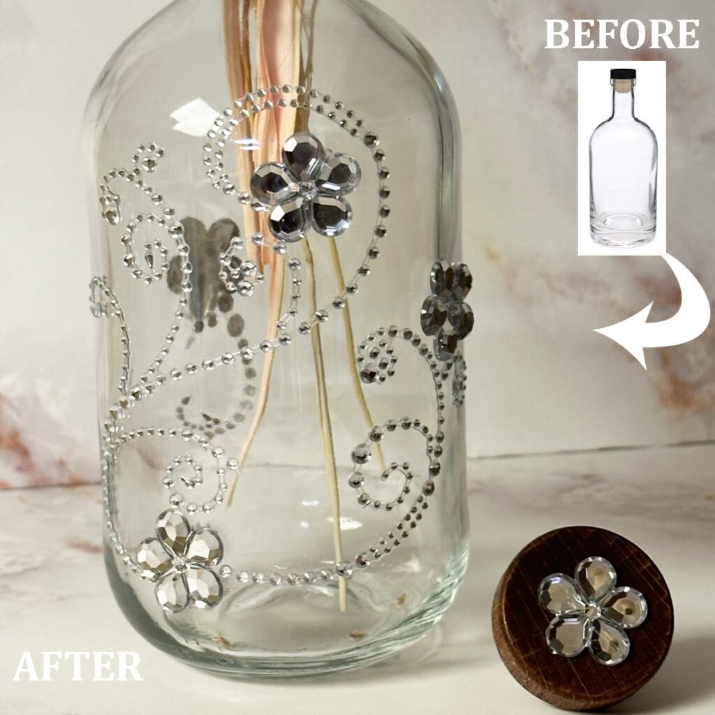 Before and After DIY Liquor bottle craft project close up with before image
