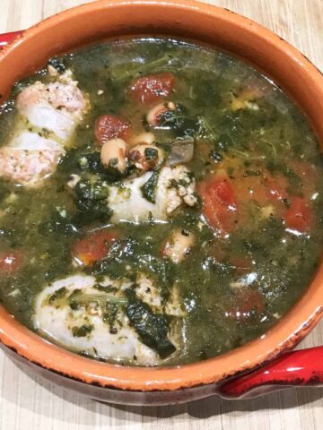 Instant Pot Turkey Sausage and Spinach Soup Recipe square image with a bowl and soup inside