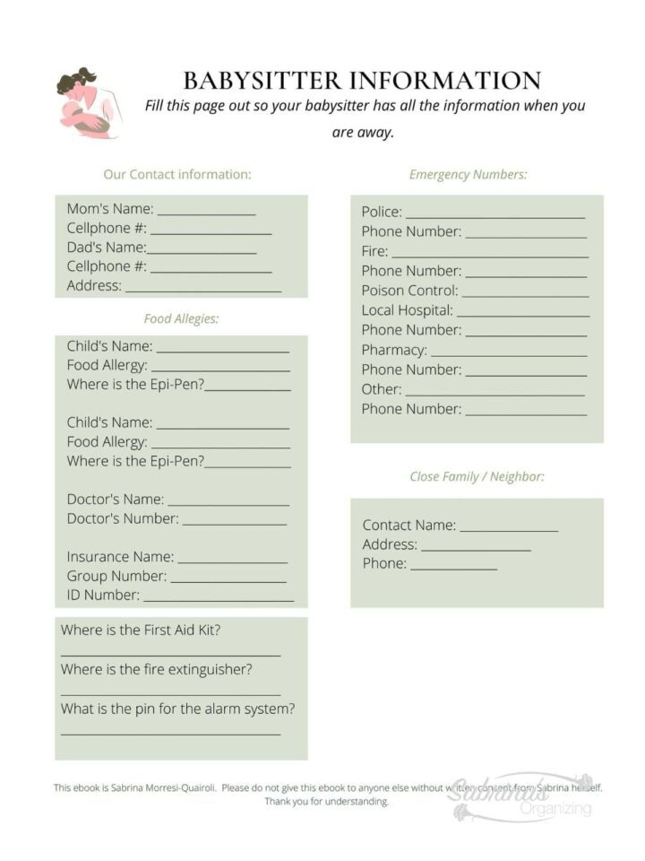Babysitter information sheet created by Sabrina's Organizing