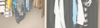 kids closet with clothes hanging and title of post at top center - square image