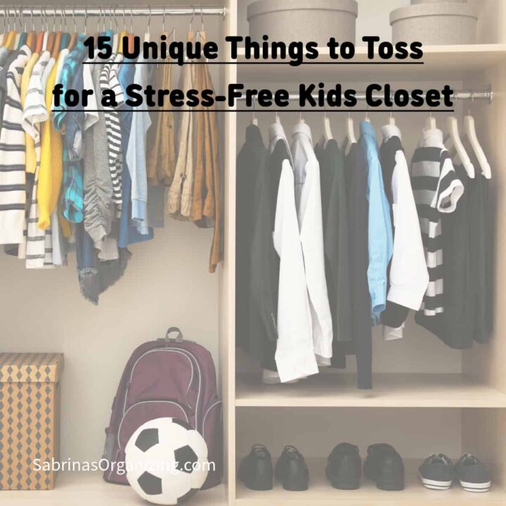 kids closet with clothes hanging and title of post at top center - square image