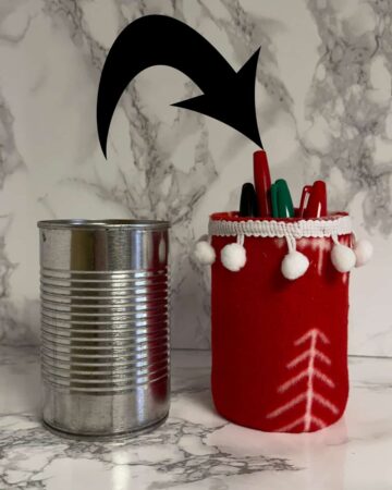 How to Make a DIY Christmas Tree Felt Can Holder with arrow - before and after featured image
