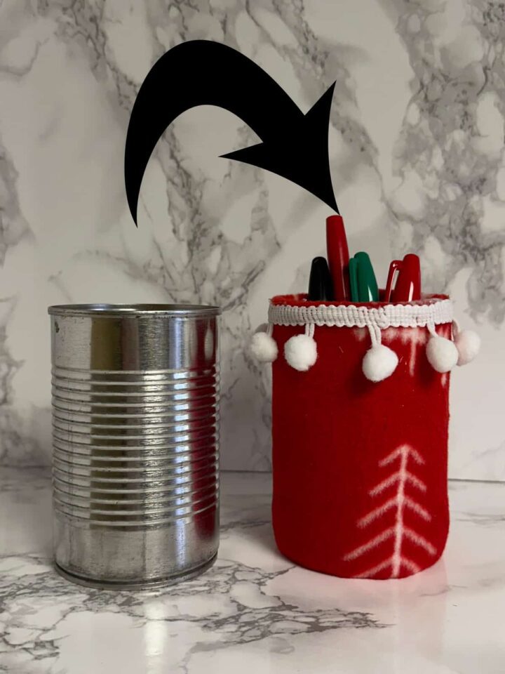 How to Make a DIY Christmas Tree Felt Can Holder with arrow - before and after featured image
