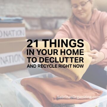 Square image - title in the center - a person putting towels in a tote for donation