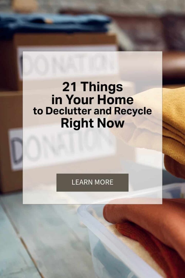 pinterest image - title in the center with learn more button below - a person putting towels in a tote for donation