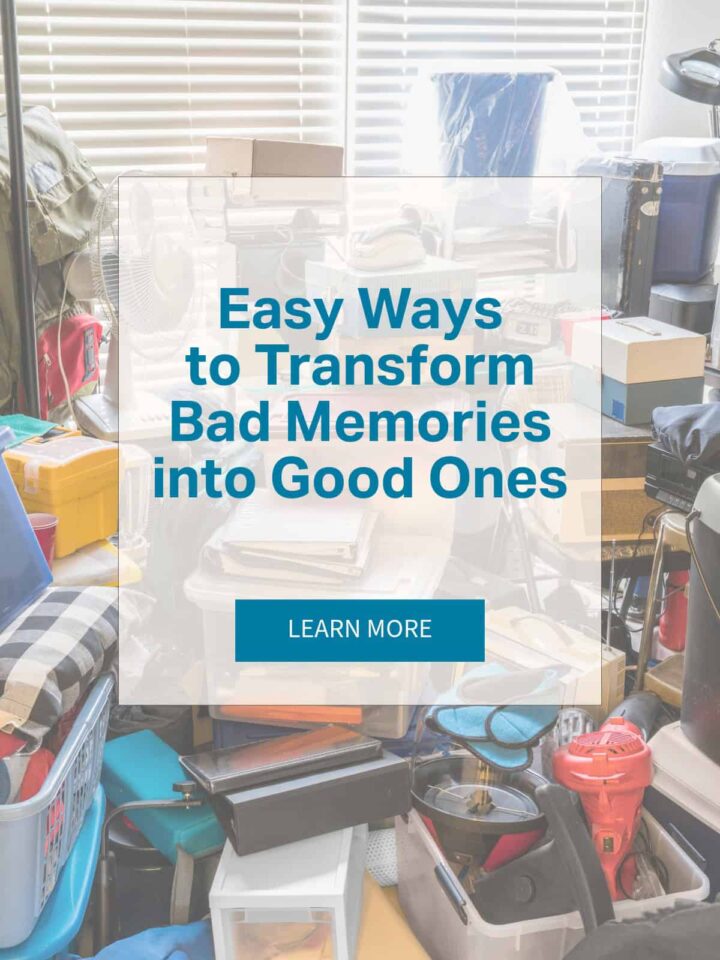 Clutter room and the post title in the front center - pinterest image with Learn more button at the bottom center