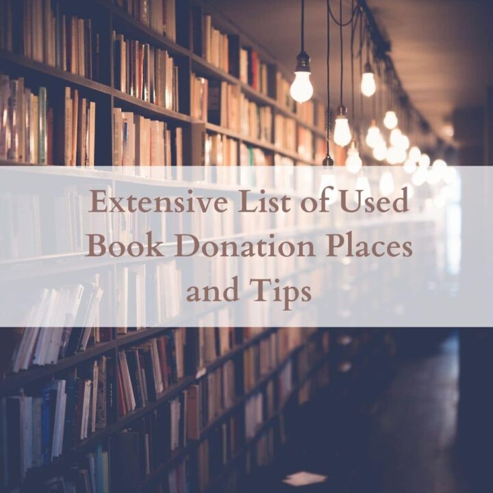 Extensive List of Used Book Donation Places and Tips square image - bookshelves and title overtop