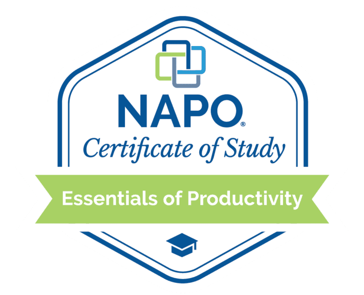 Sabrina Morresi Quairoli Received the NAPO Certificate of Study for Essentials of Productivity - digital badge