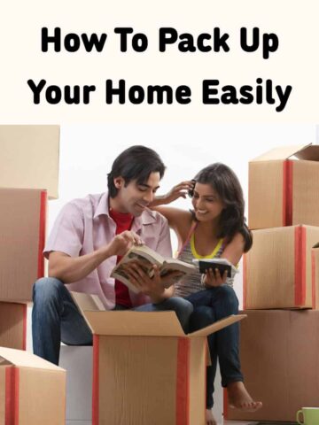 title at the top of image and to people packing things up in boxes square image