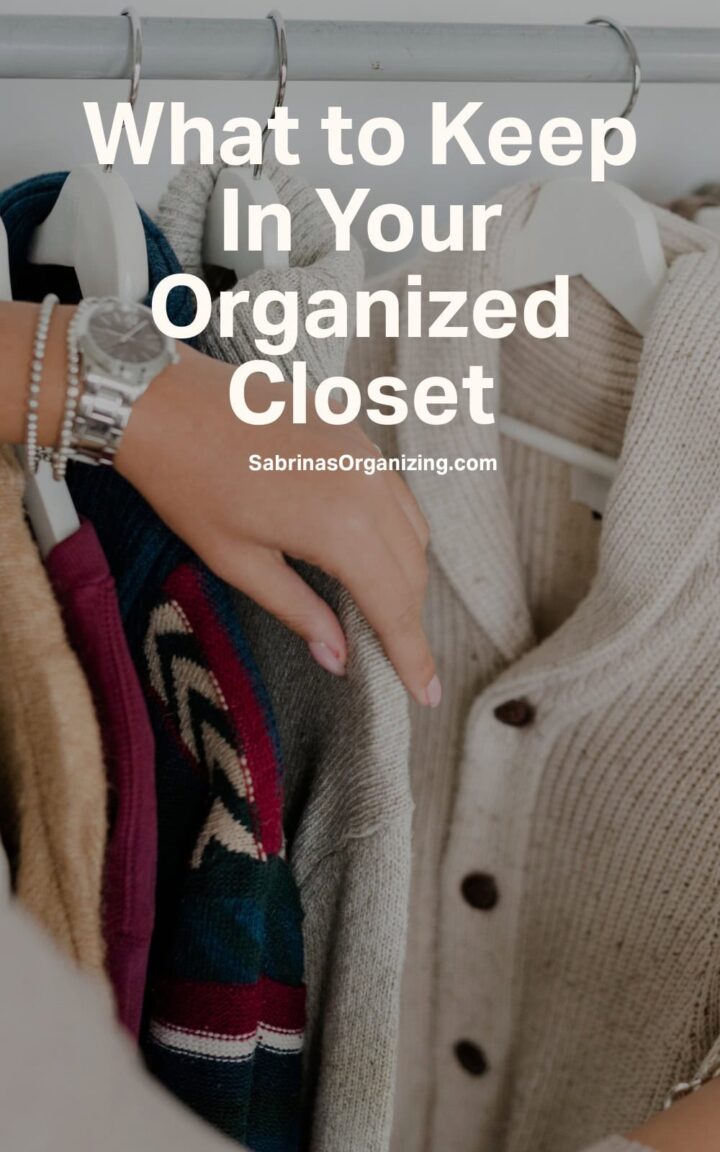 a person's hand touching a hanging sweater - title of post at the top center - pinterest size image