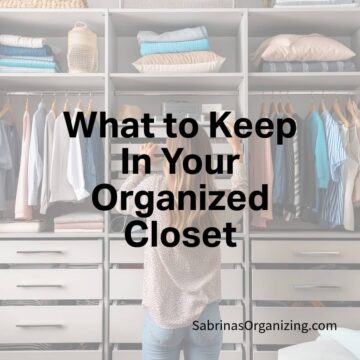 Square image - title in the center - the background has a women looking at her clothes in an Ikea like closet.