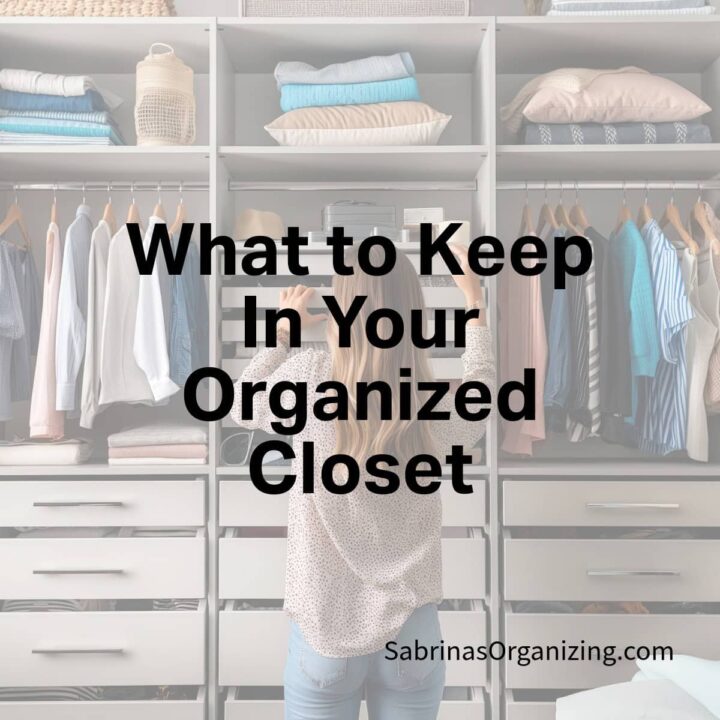 Square image - title in the center - the background has a women looking at her clothes in an Ikea like closet.