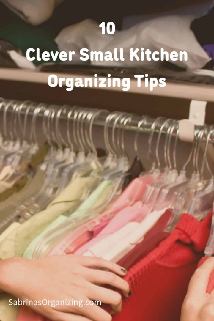 a person's hands moving hanging clothes in the closet - pinterest image - title at the top middle