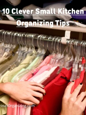 a person's hands moving hanging clothes in the closet - square image - title at the top middle