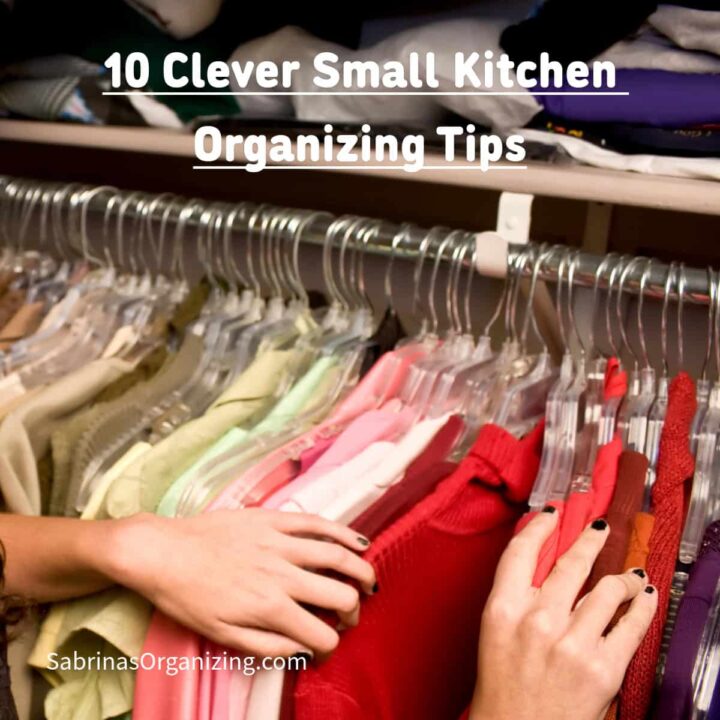 a person's hands moving hanging clothes in the closet - square image - title at the top middle