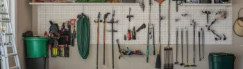 garage with shelving on wall with title of post at the top center - square image