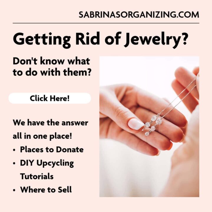 a person's hands holding a necklace and wording at the top that says Getting rid of jewelry don't know what to do with them click here - We have the answer all in one place! Places to Donate DIY Upcycling Tutorials Where to Sell - square size image