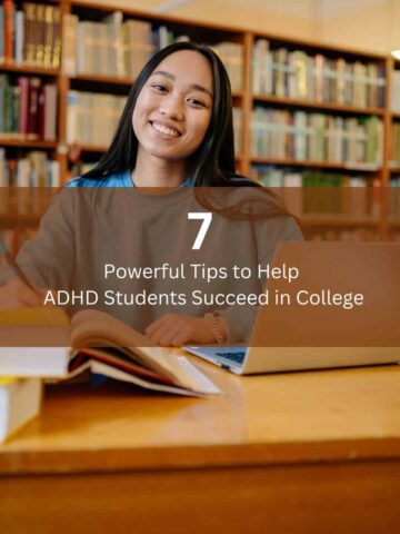 7 Powerful Tips to help ADHD Students Succeed in College - girl sitting at a desk in a library smiling