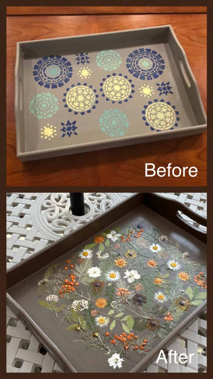 Before and After Image of Chalk Paint Tray with pressed flowers - Pinterest format