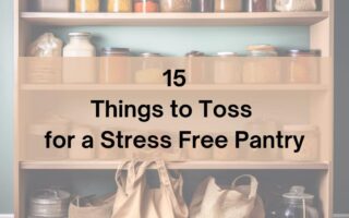 15 Things to Toss for a Stress Free Pantry - title over the pantry shelves with bags on the floor