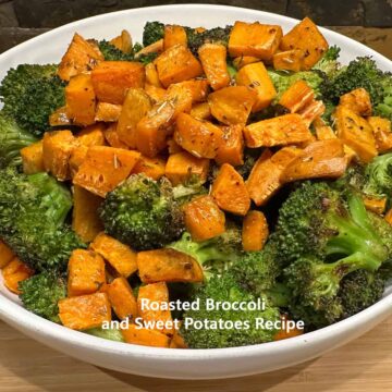 Roasted Broccoli and Sweet Potato Recipe - square image - in a large servingbowl - with title