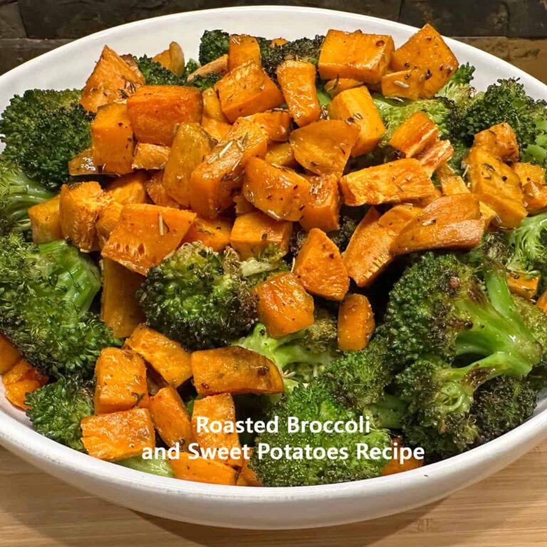 Roasted Broccoli and Sweet Potato Recipe - square image - in a large servingbowl - with title