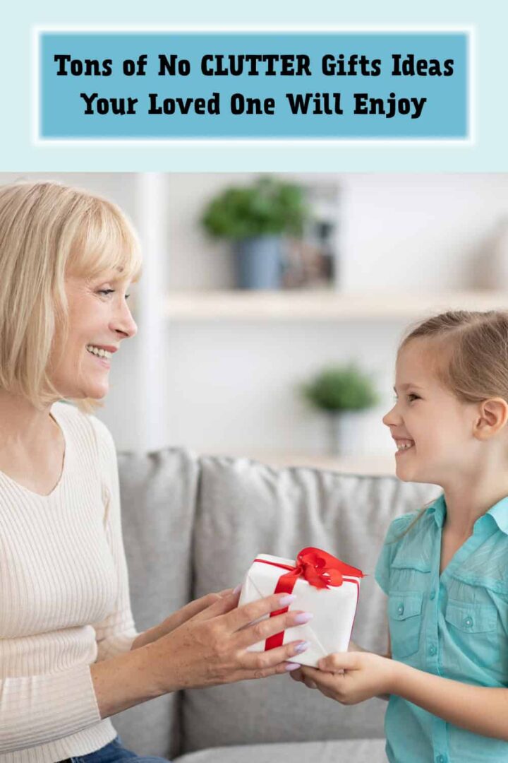 Grandma and granddaughter looking at each other exchanging a gift and title at the bottom middle - Pinterest image size