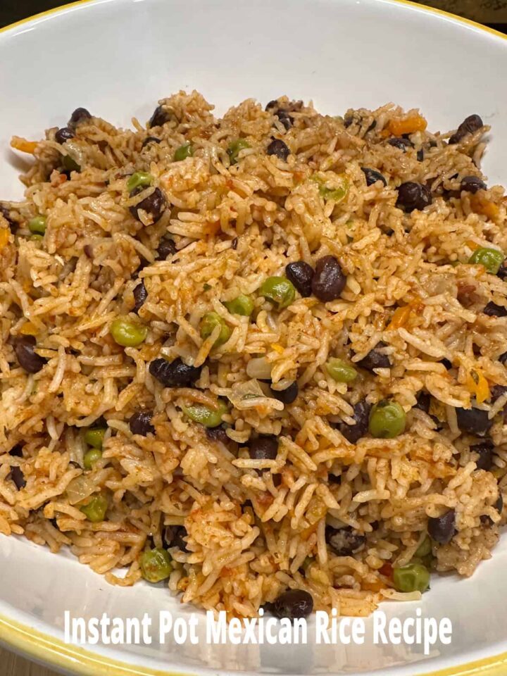 Instant Pot Mexican Rice Recipe in a bowl with the name on image