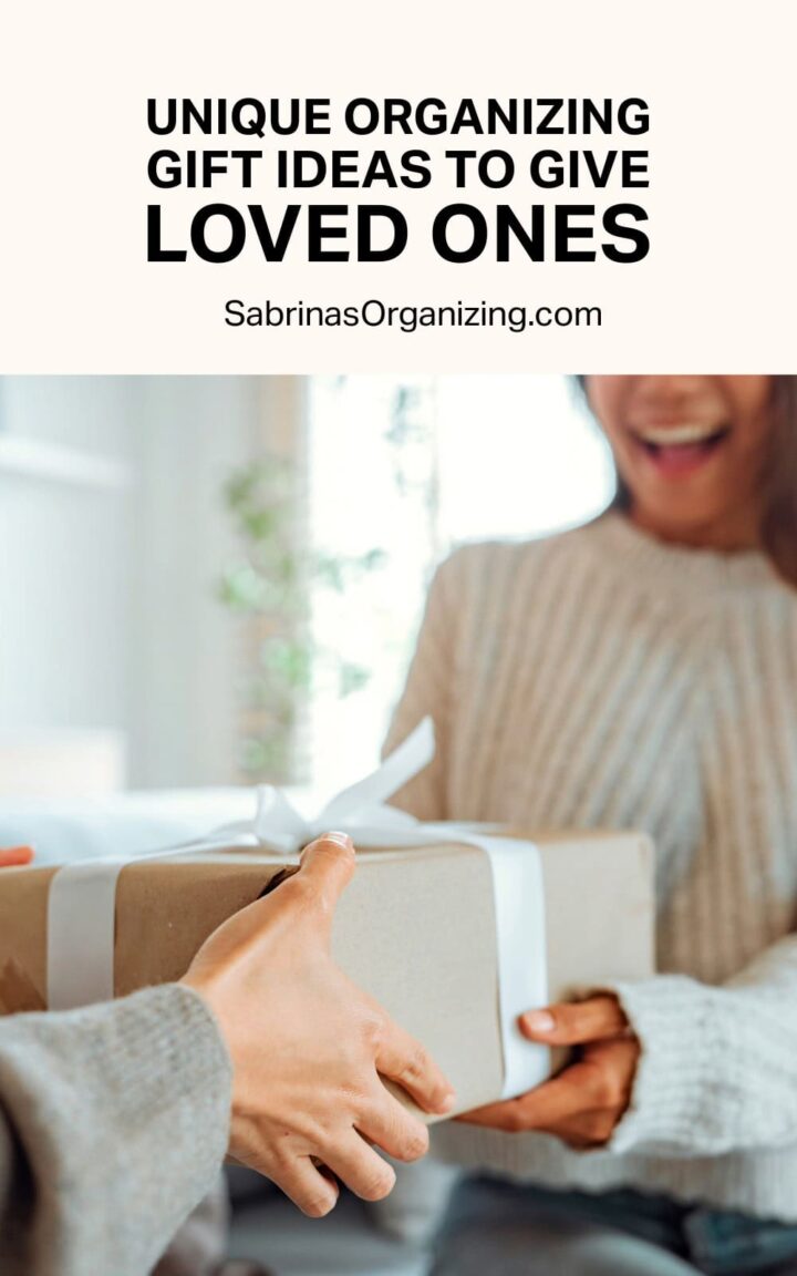 pinterest image - title in the Top center - a women receiving a present from another person.