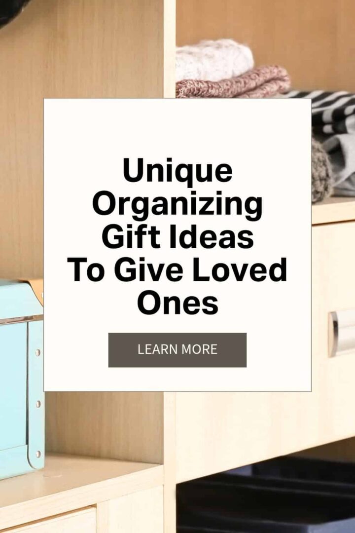 Title in the center of the post with a rectangular box with the button Learn more - background is an organized closet - pinterest image