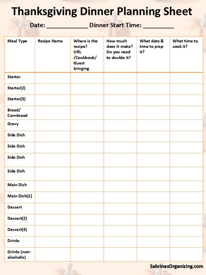 Thanksgiving Dinner Planner Sheet - created by Sabrina's Organizing - please do not share or copy this without written consent by Sabrina herself.