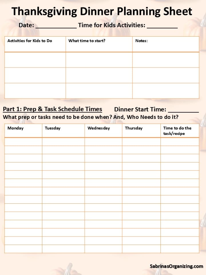 Thanksgiving Dinner Planner Sheet - created by Sabrina's Organizing - please do not share or copy this without written consent by Sabrina herself.