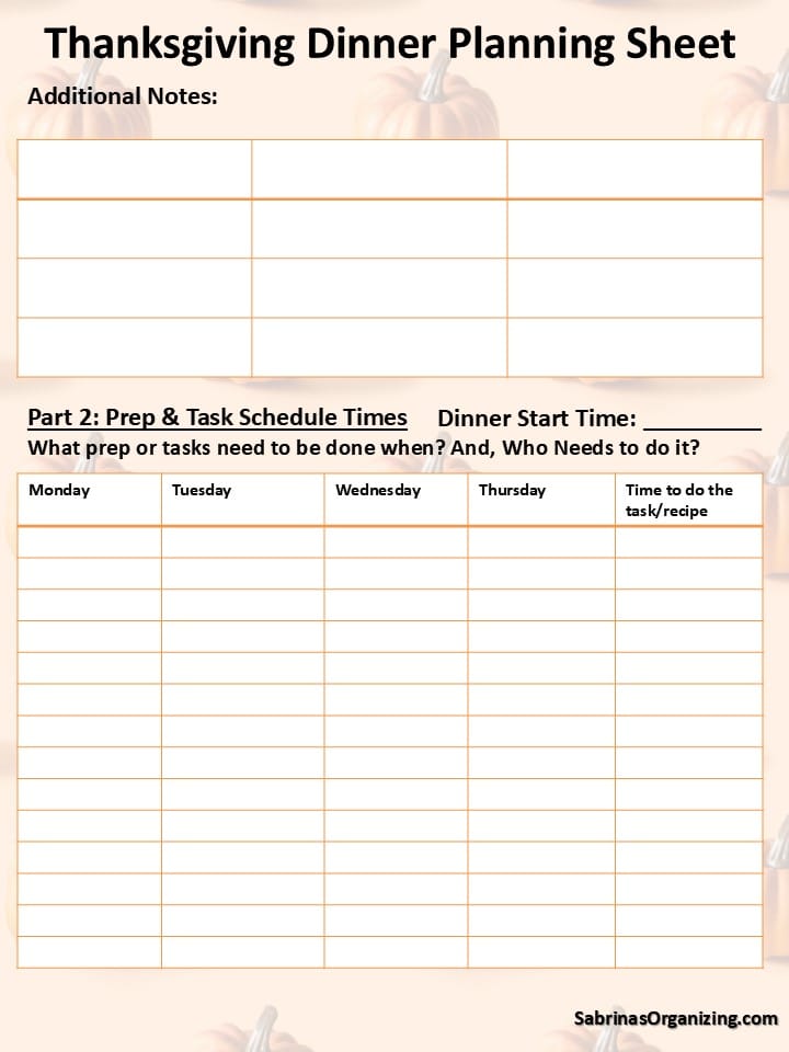 Thanksgiving Dinner Planner Sheet - created by Sabrina's Organizing - please do not share or copy this without written consent by Sabrina herself.