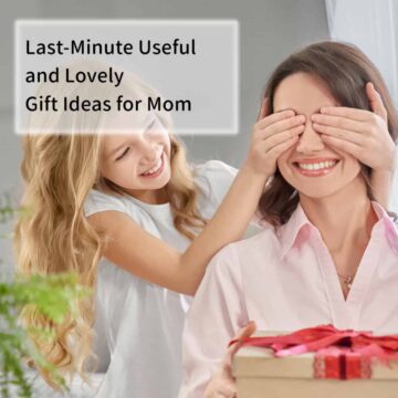 a daughter with blond hair covering her moms eyes before her mom opens her present with title of post at top right corner - square image