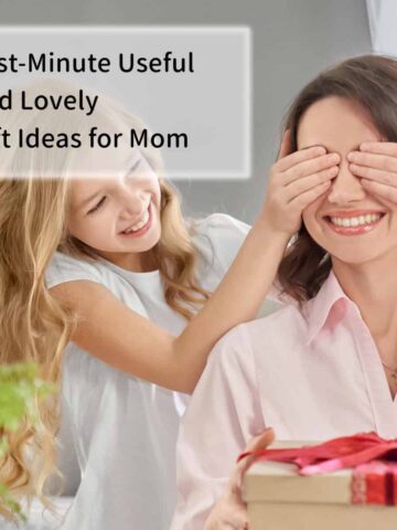a daughter with blond hair covering her moms eyes before her mom opens her present with title of post at top right corner - square image