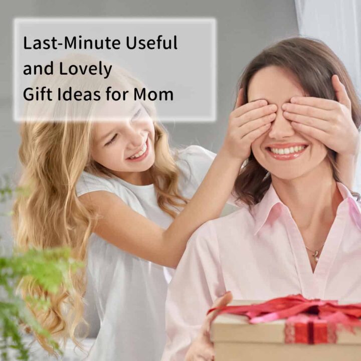 a daughter with blond hair covering her moms eyes before her mom opens her present with title of post at top right corner - square image