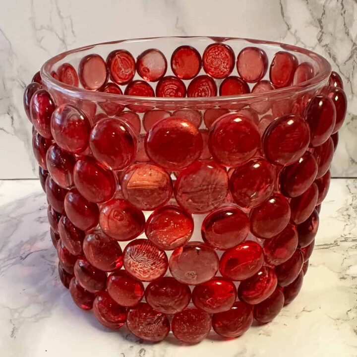 Red Gems glass container with gems glued on it