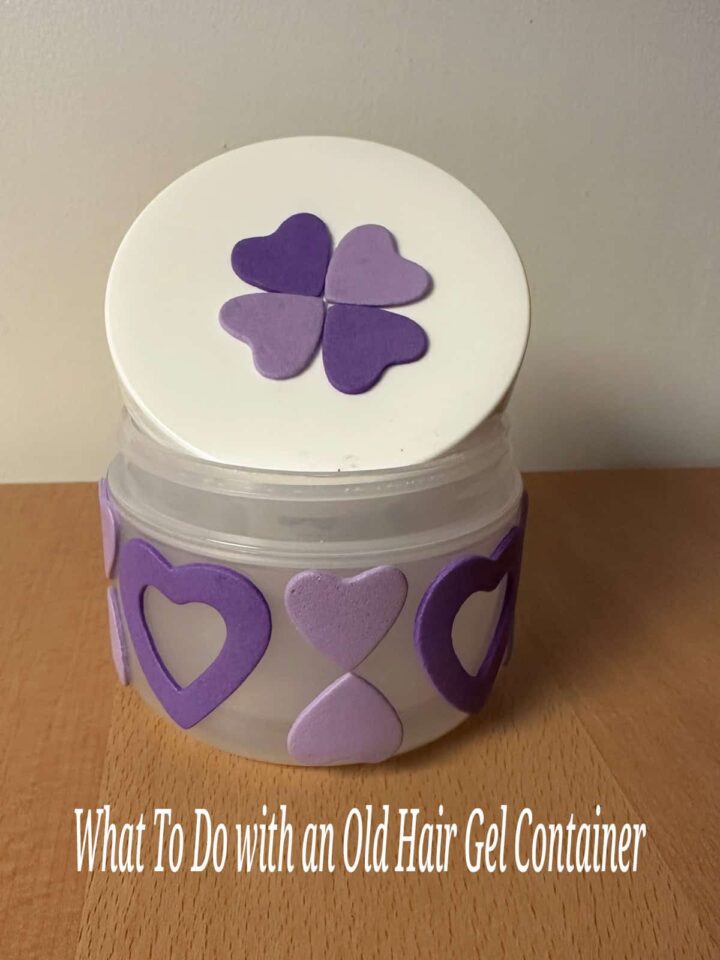 the finished container with hearts on it and a title of this article for Pinterest