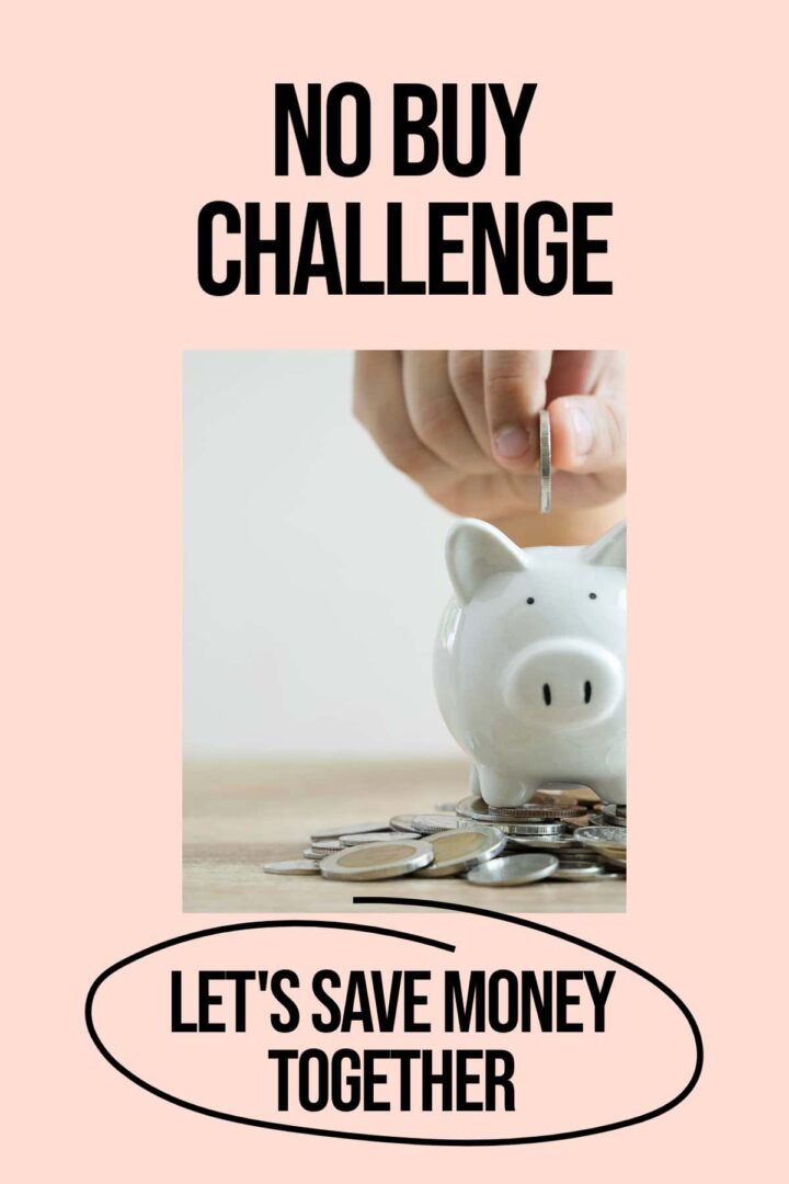 saving money challenge title image - no buy challenge - the center image is a hand putting a coin in a piggy bank. pinterest image size