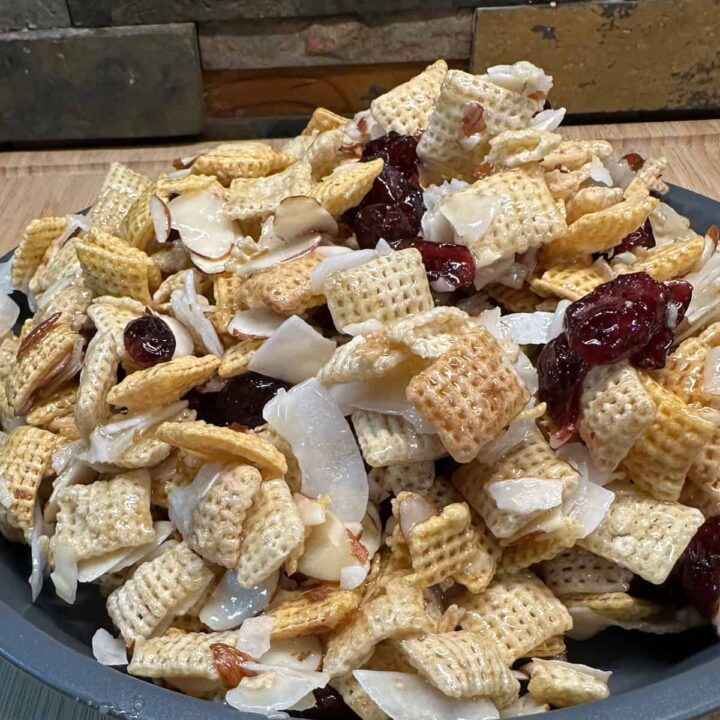 DF GF Coconut Almond Cranberry Chex Mix in a pie plate