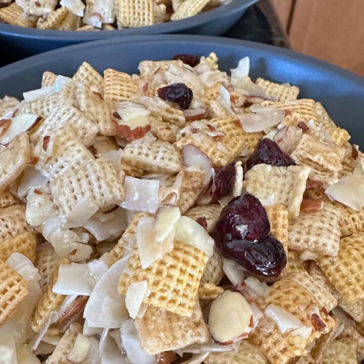 DF GF Coconut Almond Cranberry Chex Mix in a pie plate