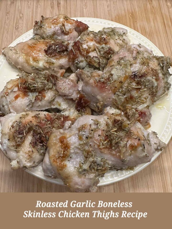 Mashed Roasted Garlic Chicken Thigh Recipe on a plate with a title at the bottom