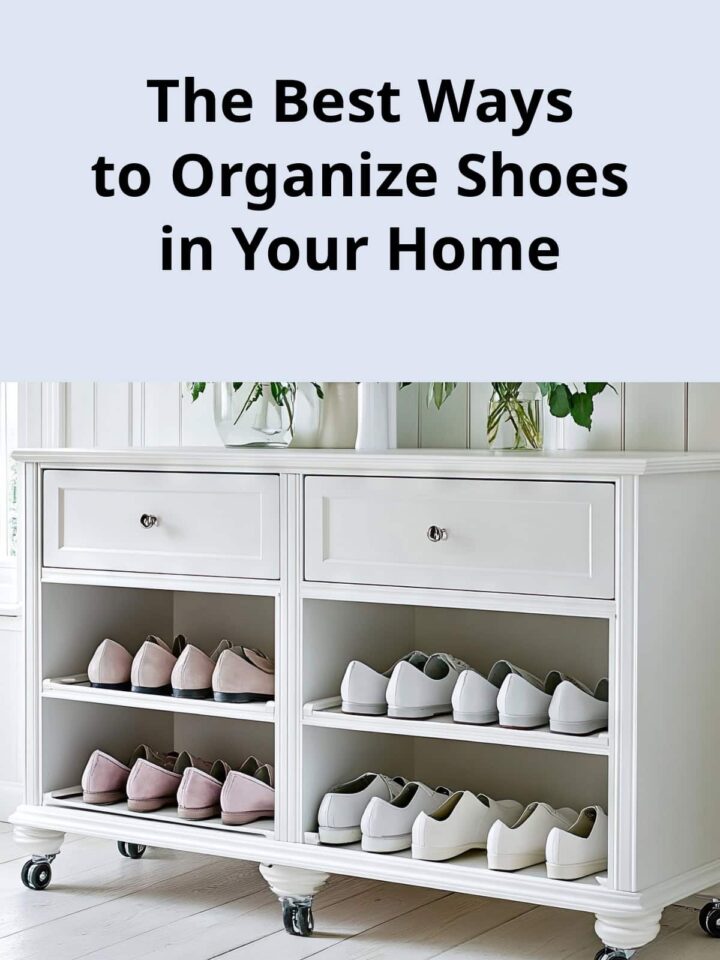 Title of the article at the top center and a shoe cabinet at the bottom part of the image - this image is sized for Pinterest.