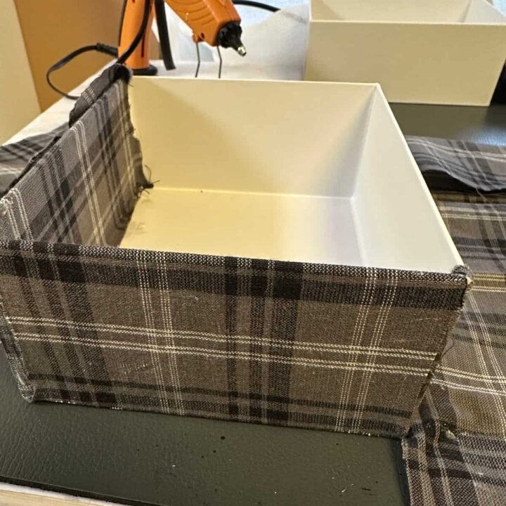 fabric up the sides and front of cardboard box