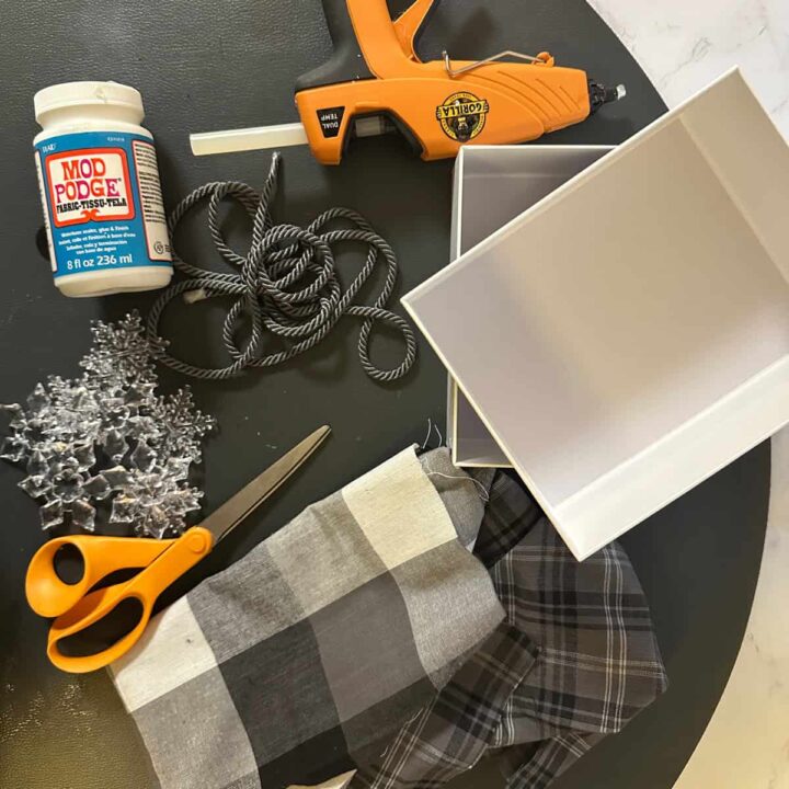 a glue bug, mod podge bottle, scissors, fabric, the two boxes, snowflakes, and rope.