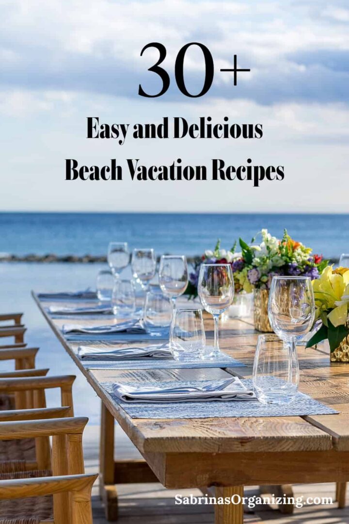 Beach and ocean with table set for 8 people and the title of the post at the top - pinterest image