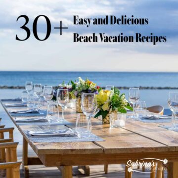 Beach and ocean with table set for 8 people and the title of the post at the top - square image